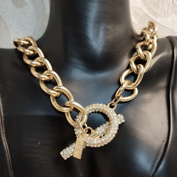 GIA FARELLA Vintage Gold Plated Chunky Chain Necklace Rhinestone Toggle - Picture 14 of 16